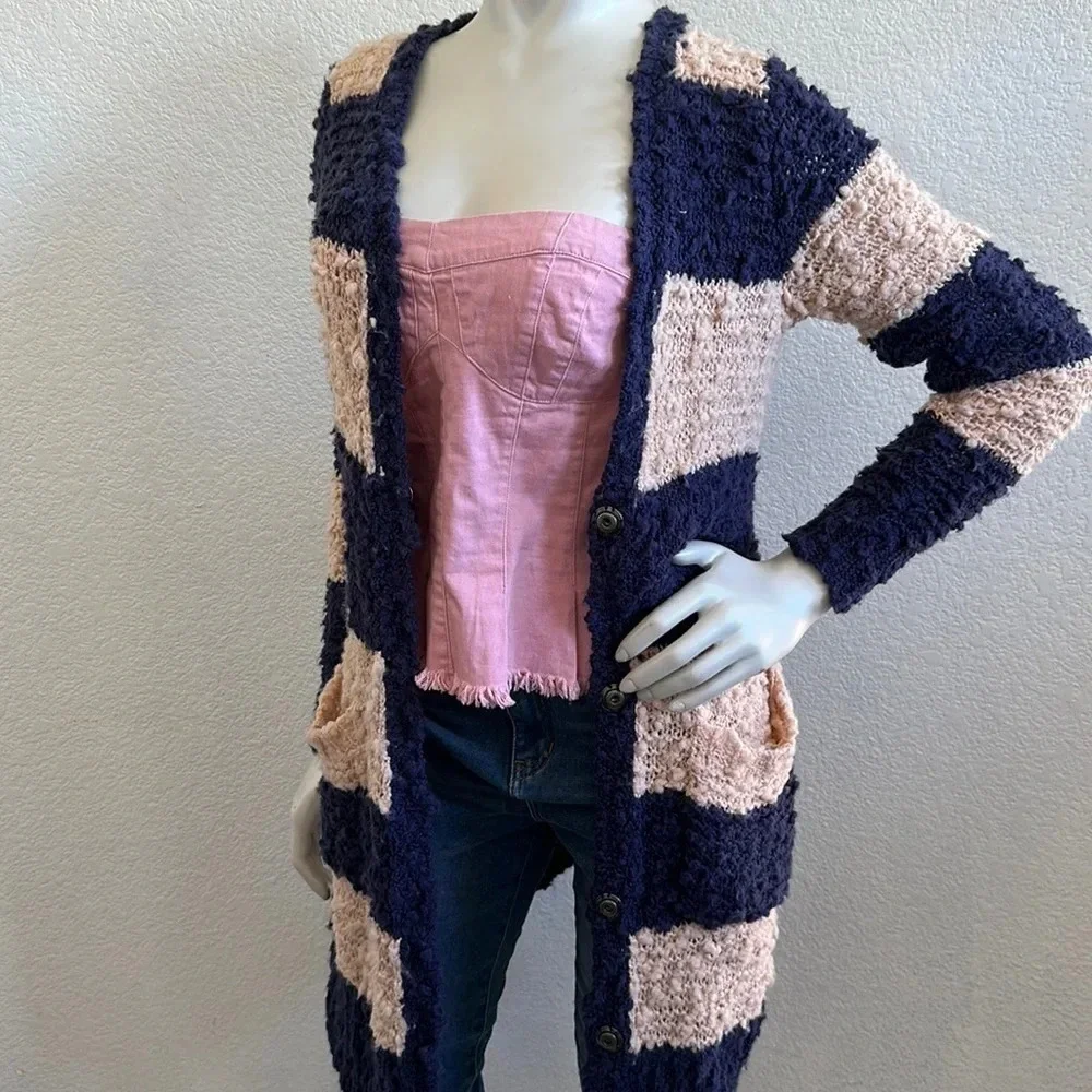 Free People XS navy combo front button cardigan
